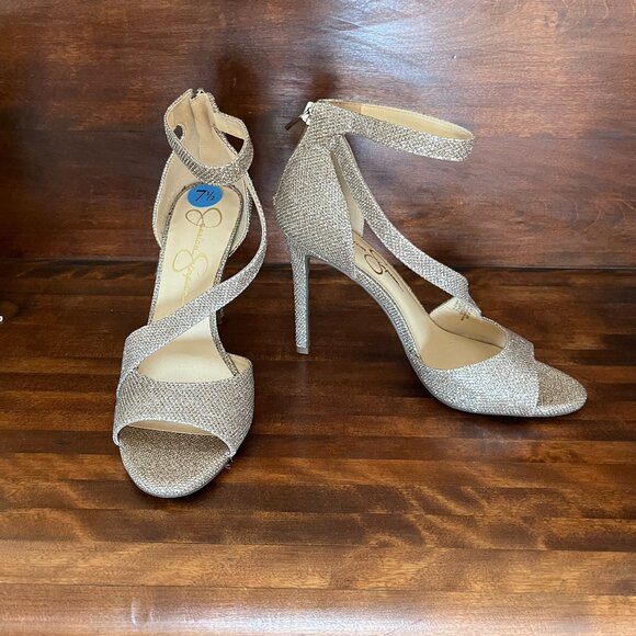 Jessica Simpson Jesimae Gold Shimmer Heels Open Toe Stilettos Evening Size 7.5 - Picture 3 of 9